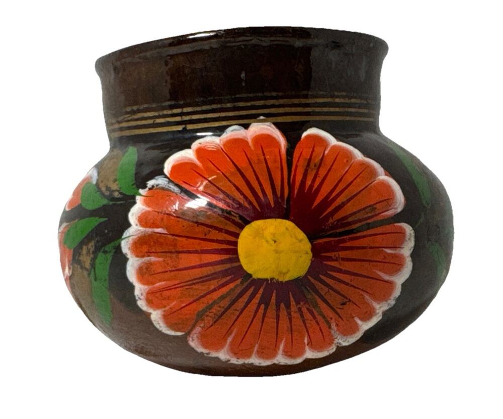 Tonala Mexican Redware Pottery, Pitcher/jug, Folk Art Handpainted 20 oz Vintage